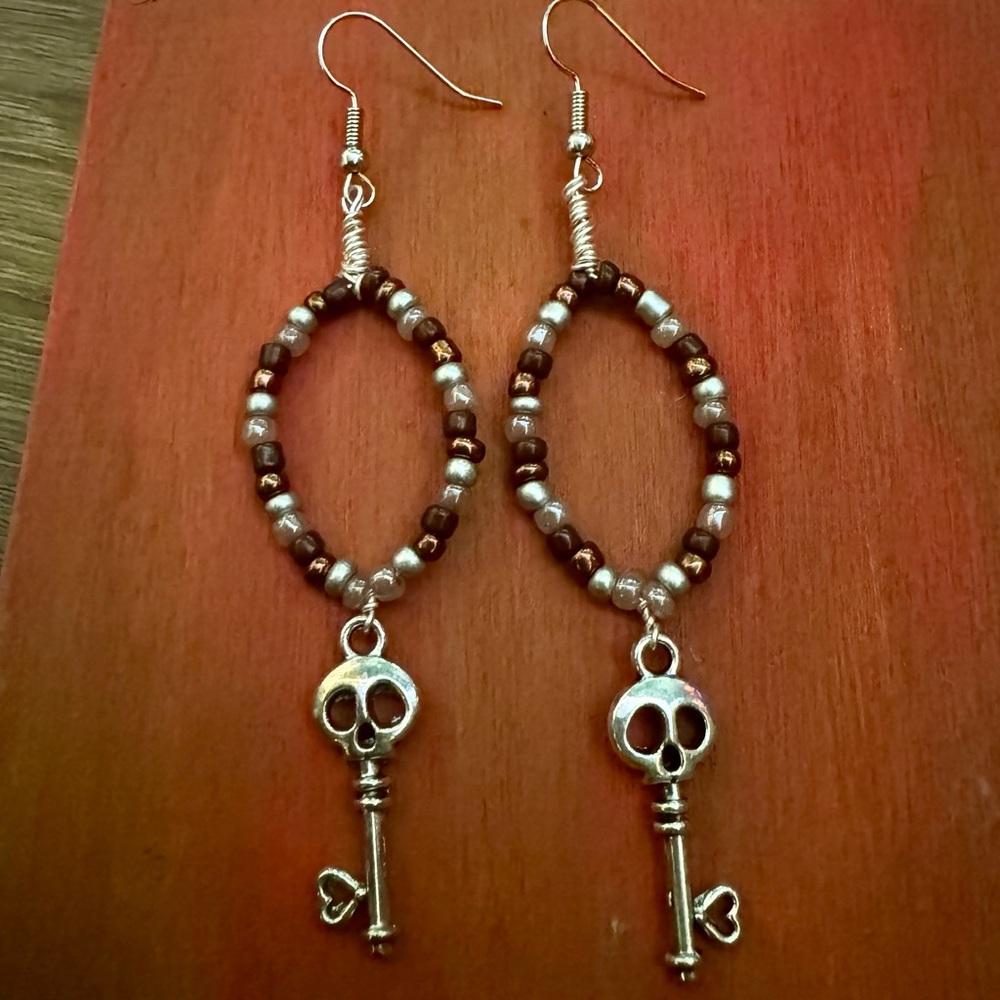 Handmade Brown and silver key earrings